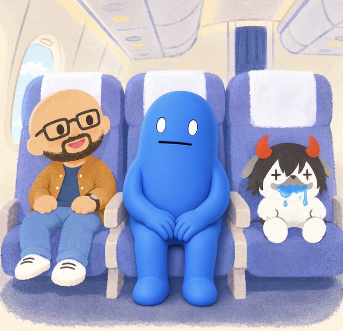 A whimsical illustration showing a bald man with glasses, a large blue blob-like creature, and a crying demonic-looking white character with red horns sitting side-by-side in airplane seats.