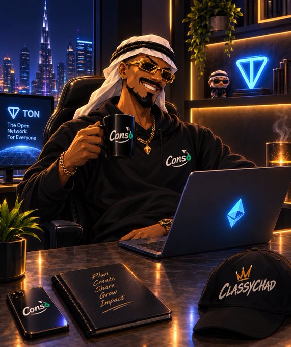 An illustrated cartoon of a smiling man in traditional Arab dress holding a 'Cons' coffee mug at a desk with a TON laptop and 'Classy Chad' hat.