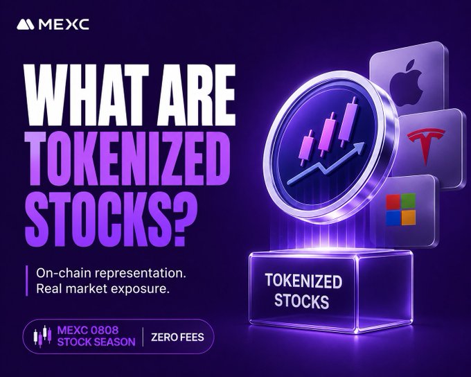 A purple promotional graphic for 'MEXC' asking 'WHAT ARE TOKENIZED STOCKS?' with text 'On-chain representation. Real market exposure.' and 'MEXC 0808 STOCK SEASON ZERO FEES', featuring logos for Apple, Tesla, and Microsoft.