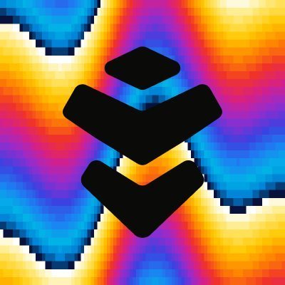 A logo consisting of three black downward-pointing chevrons is displayed against a pixelated, colorful background of blue, purple, yellow, and orange squares.