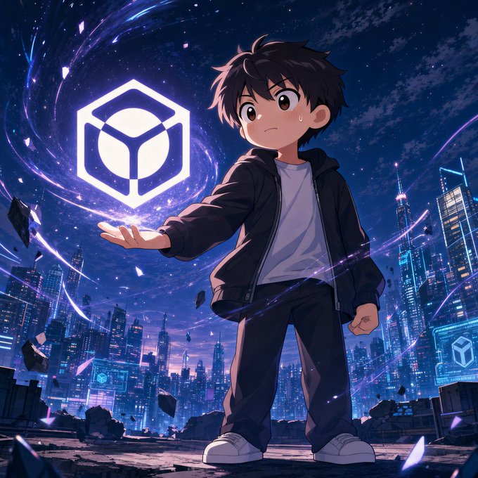 An anime-style boy with dark hair, wearing a black hoodie, stands on a rooftop at night summoning a glowing purple cube-shaped logo from his outstretched palm, with floating debris and a futuristic cyberpunk cityscape in the background. The luminous emblem and the figure's quiet, focused pose mirror the post's theme of NucleusCodes serving as a guide ferrying emerging Web3 projects to their destined audience.