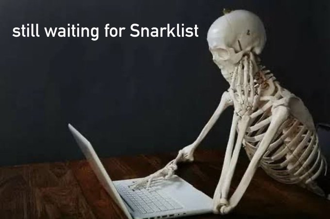 Meme image showing a skeleton slumped over a laptop with the caption 'still waiting for Snarklist'.