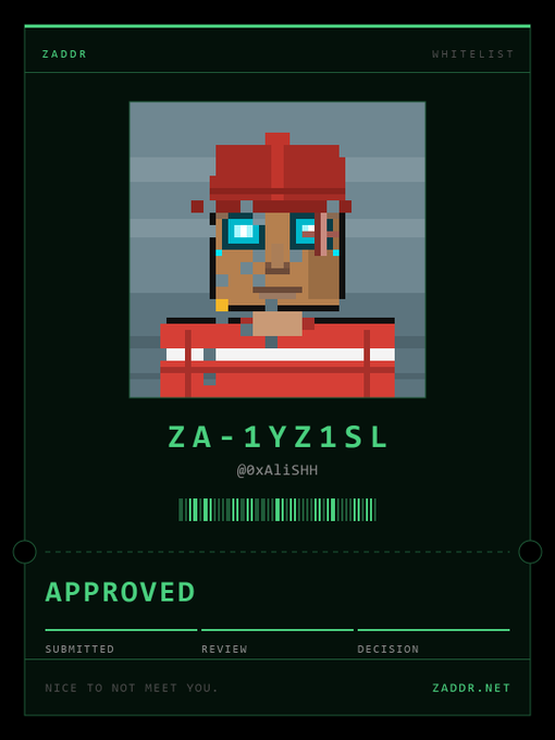 A digital ID card displays a pixel-art character with a red cap and blue eyes, labeled 'ZADR WHITELIST' with ID 'ZA-1YZ1SL', handle '@0xA1isHH', and marked 'APPROVED' on zaddr.net.