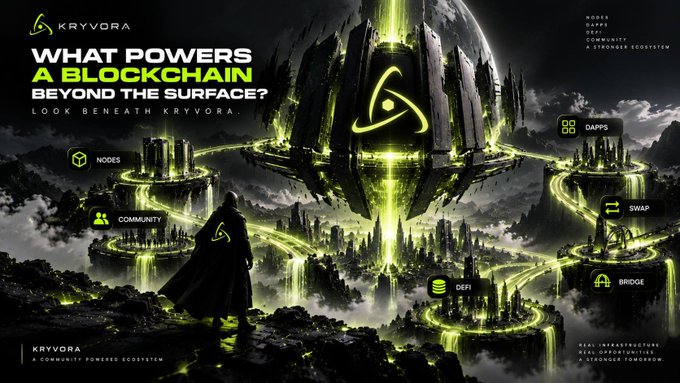 A promotional graphic for KRYVORA reads "WHAT POWERS A BLOCKCHAIN BEYOND THE SURFACE?" featuring a hooded figure overlooking a futuristic floating city with interconnected pillars labeled NODES, COMMUNITY, DAPPS, SWAP, BRIDGE, and DEFI.