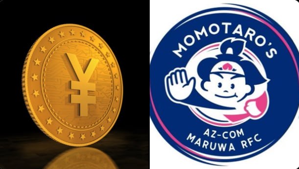 A gold yen coin sits beside the Momotaro's AZ-COM Maruwa RFC logo, visually representing the Japanese delivery giant's plan to pay over 2,300 carriers using the yen-backed $JPYC stablecoin, marking Japan's first large-scale corporate stablecoin rollout.