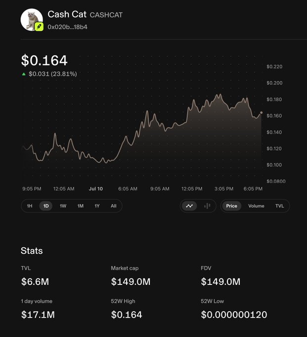 A cryptocurrency chart for 'Cash Cat' (CASHCAT) shows a price of $0.164, up 23.81% ($0.031), with a market cap and FDV of $149.0M.