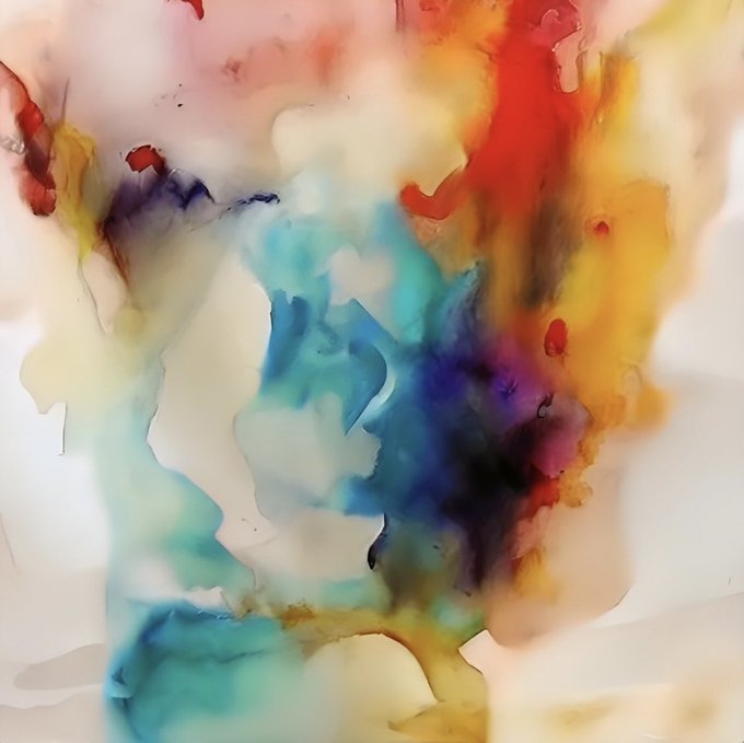 An abstract watercolor painting featuring vibrant, blended splotches of blue, orange, yellow, red, and purple colors bleeding into a white background.