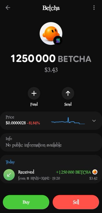 Mobile crypto wallet screen showing a balance of '1250000 BETCHA' valued at '$3.43', with a price chart and Buy/Sell buttons.