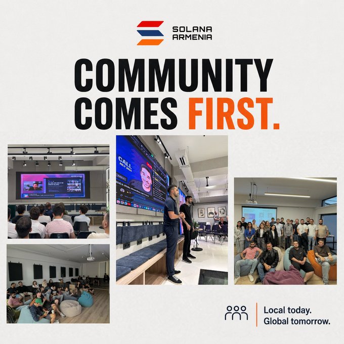 Solana Armenia promotional poster with 'COMMUNITY COMES FIRST' tagline and 'Local today. Global tomorrow.' motto, showcasing event photos of community gatherings and presentations.