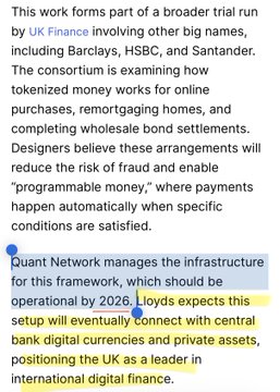 The image displays a news article excerpt discussing a UK Finance-led trial involving Barclays, HSBC, and Santander, with Quant Network ($QNT) managing the infrastructure set to be operational by 2026, positioning the UK as a leader in digital finance. The highlighted yellow portion emphasizes Lloyds' expected role in connecting central bank digital currencies with private assets, aligning with the post's outlook on Quant's promising rise in 2026.