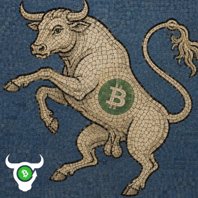 The image features a mosaic of a bull with its horns, legs, and tail depicted using tiles or small stones arranged in a pattern that resembles a bull's anatomy. The bull has a green Bitcoin symbol on its back, which adds an interesting twist to the traditional depiction of a bull. The post accompanying this image reads: "The BCH Bull continues to have all his lucky parts intact!".