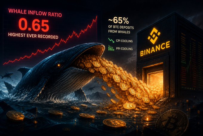 A crypto-themed graphic displays "WHALE INFLOW RATIO 0.65 - HIGHEST EVER RECORDED" with "~65% OF BTC DEPOSITS FROM WHALES" near a Binance logo and an image of a whale spewing Bitcoin coins.