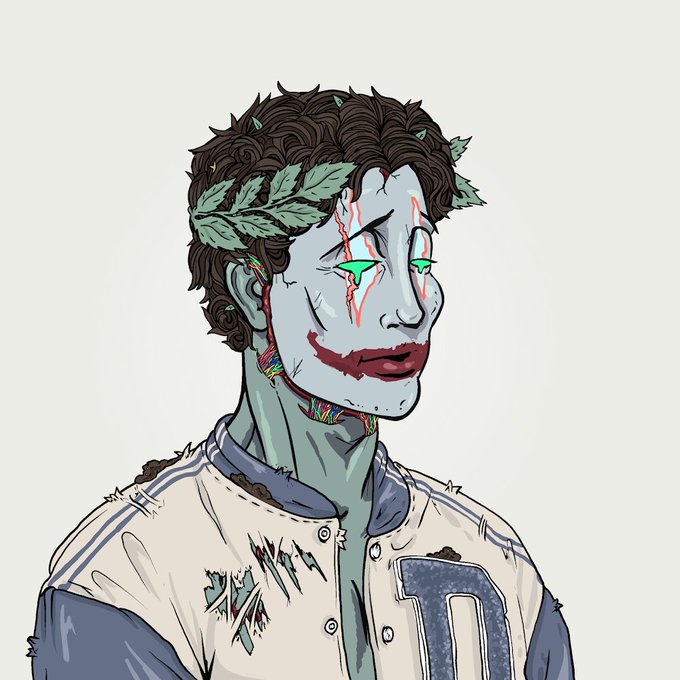 A stylized character with a cracked face, green eyes, and a "D" on the jacket embodies the "Friday flex DeGods only" theme, referencing the DeGods NFT collection.
