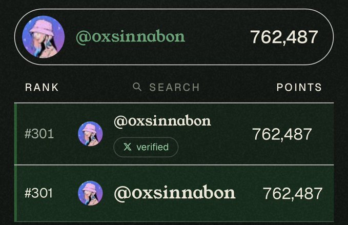 Leaderboard screenshot showing the user @oxsinndbon tied at Rank #301 with 762,487 points, marked as verified.