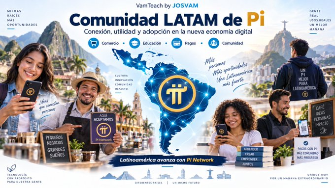 A promotional banner for 'Comunidad LATAM de Pi' (VamTech by JOSVAM) showing diverse people with smartphones, set against a backdrop of Latin American landmarks and a map, with text about commerce, education, payments, and community.