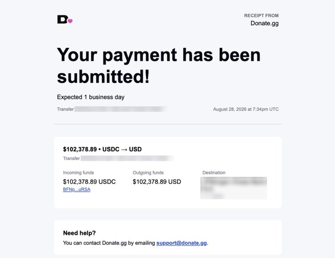 A payment receipt screenshot from Donate.gg showing a successful transfer of $102,378.89 USDC to USD, dated August 28, 2026 at 7:34pm UTC.