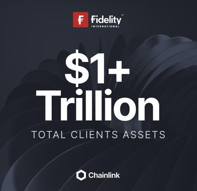 The image features a black background with white text that reads "Another TRILLION DOLLARS COMING ON TO $LINK Fidelity International manages $1+ TRILLION in client assets and just launched a tokenised fund powered by @chainlink". The text is positioned at the bottom of the image, making it stand out against the black background.