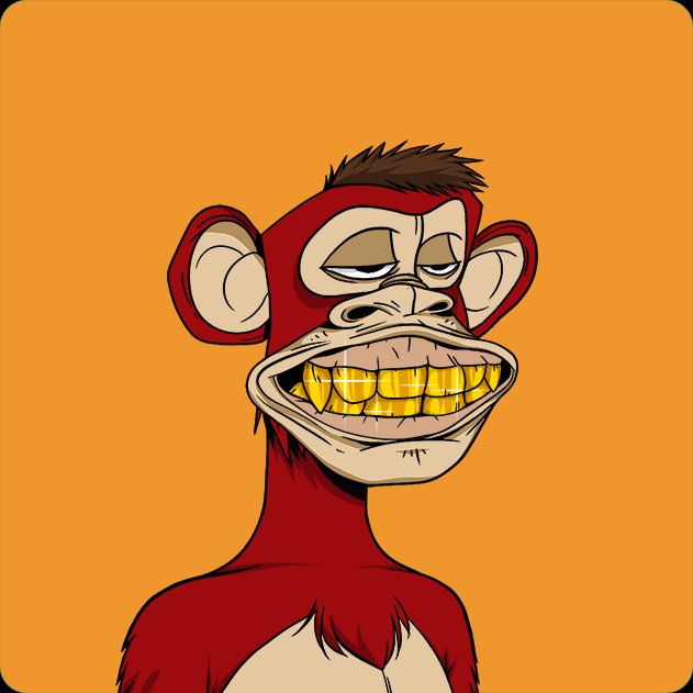 A digital illustration of a red monkey character with an exaggerated wide grin showing gold teeth, set against a solid orange background.