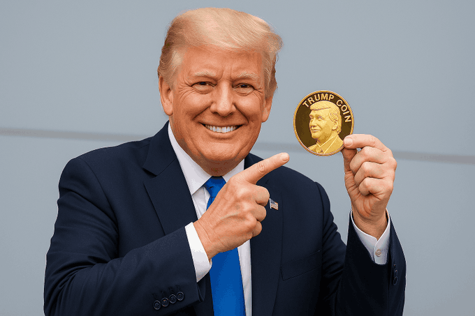 A smiling Donald Trump in a dark suit and blue tie, pointing to a coin that bears his profile and the inscription "TRUMP COIN."