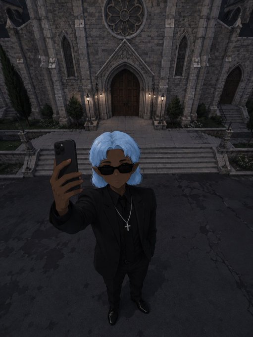 An animated character with light blue hair, sunglasses, and a black suit with a cross necklace takes a selfie in front of a gothic cathedral.