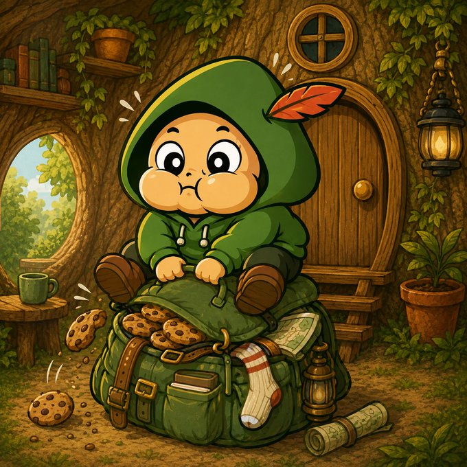 An illustration of a cute cartoon character dressed as a hobbit/elf in a green hooded outfit with a red feather, sitting on a backpack full of cookies in a cozy treehouse setting with a coffee mug and lantern.