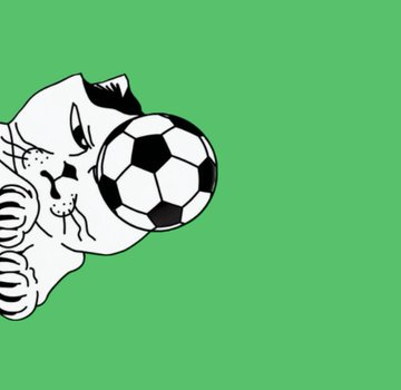 A minimalist black and white illustration on a bright green background depicting a cat's face with a soccer ball replacing one side, rendered in a distorted cartoon style.