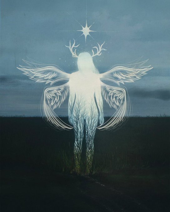 A mystical illustration of a glowing, ethereal winged figure with antlers and a star above its head, standing in a dark grassy field against a twilight blue sky, with the figure's body appearing as tree branches at the bottom.