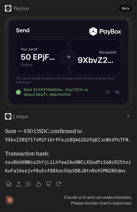 A dark-themed Paybox app interface (Beta) shows a confirmed transaction sending 50 EPjF (Solana) to recipient address "9XbvZ2..." with a confirmation note "Sent — 50 USDC confirmed to 9XbvZ2RQ71T4M1F1krfFoJcBQA62629qBZJcW6VPoTFN," illustrating the "PayBox'd" moment that the post references about @AsankaKasum.
