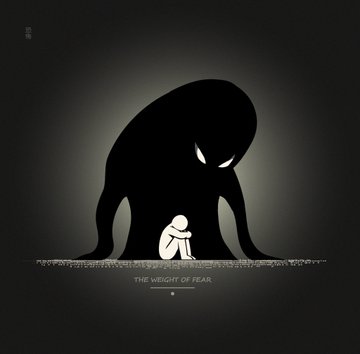 A dark silhouette illustration showing a small person sitting huddled on the ground beneath a large menacing shadowy figure with glowing eyes, captioned "THE WEIGHT OF FEAR".