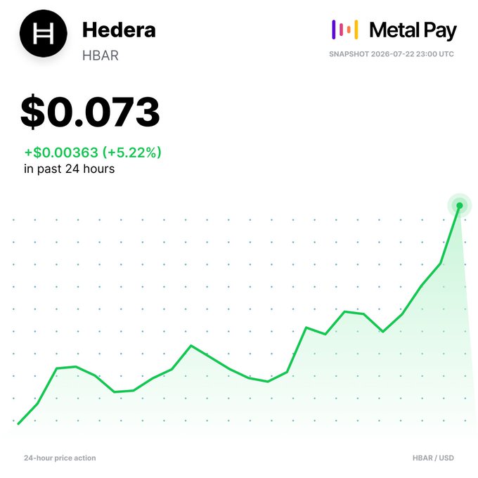 A Metal Pay snapshot from July 22, 2026 (23:00 UTC) shows Hedera ($HBAR) at $0.073, up $0.00363 (+5.22%) in 24 hours, with an upward-trending green price chart highlighting it as the day's top-performing tracked token.