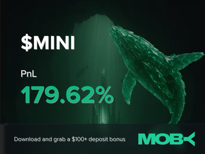 The image showcases a $MINI profit alert with a green-tinted whale swimming underwater, displaying a PnL of 179.62% alongside text that reads "Download and grab a $100+ deposit bonus" and the Moby logo. The visual reinforces the post's celebration of a trader closing a $MINI position with a strong gain of +179.62%, emphasizing the substantial return after the token's rise from $69.13K to $2.89M market cap.