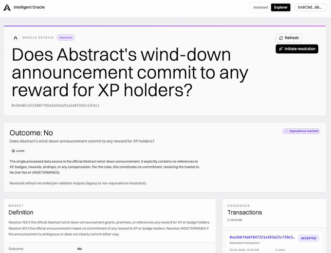 A screenshot of the Intelligent Oracle interface shows a resolved query titled "Does Abstract's wind-down announcement commit to any reward for XP holders?" with an outcome of "No" after consensus was reached with 5 votes, illustrating how GenLayer's Intelligent Contracts can interpret real-world evidence and deliver on-chain verdicts—unlike smart contracts limited to on-chain data.