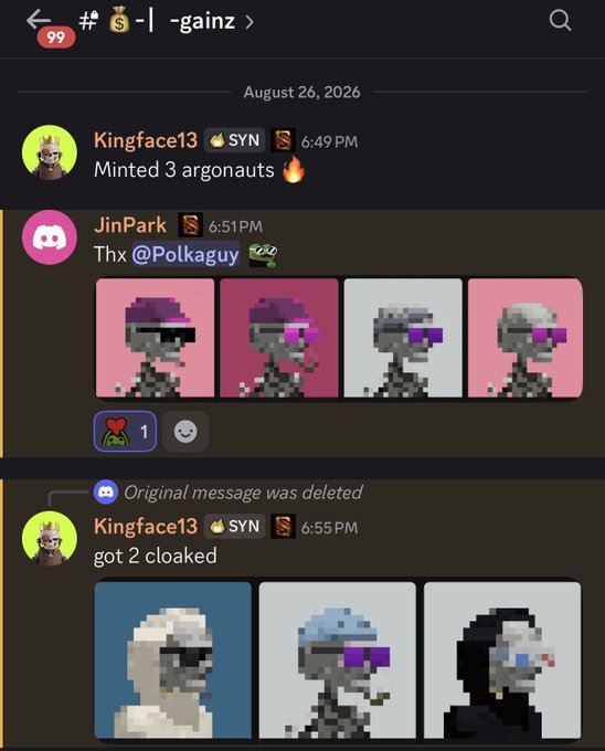 Discord chat screenshot from channel '#$-|-gainz' dated August 26, 2026, showing users 'Kingface13' and 'JinPark' sharing pixel-art NFT-style images of cloaked and sunglasses-wearing characters, with messages reading 'Minted 3 argonauts' and 'got 2 cloaked'.