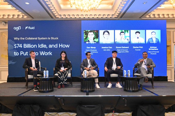 A panel discussion at a business event with the title 'Why the Collateral System is Stuck: $74 Billion Idle, and How to Put It to Work' hosted by ag5 and füd, featuring speakers Dan Sleep, Jessica Cao, Karim Dalwadi, Darren Poh, and Abhisaar Srivastava.