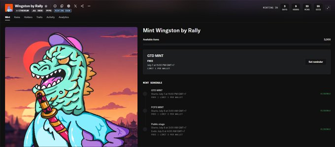 A webpage for 'Wingston by Rally' showing a teal dragon character NFT with mint details including price (0.0139 ETH) and mint schedule timestamps.