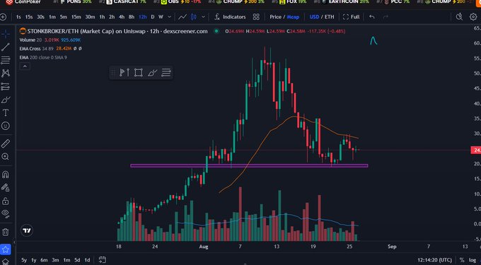 A trading chart showing STONKROKER/ETH on the dexcreener.com platform from CoinProxer, with a current price of 24.588 USD, displaying candlestick patterns and technical analysis indicators with volume bars.