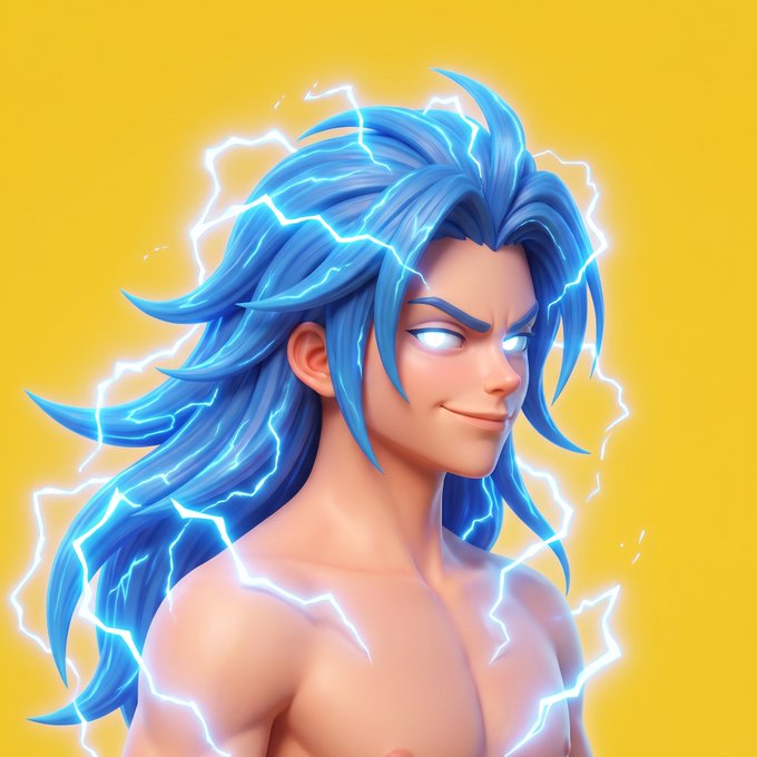 A stylized 3D-rendered character with wild flowing blue hair and glowing eyes smirks confidently while crackling blue lightning arcs around him against a bright yellow background. The image's energetic, electrified vibe visually reinforces the giveaway post's excitement, with the character's charged aura matching the high-energy call to action for the 50 GTD spot drop.