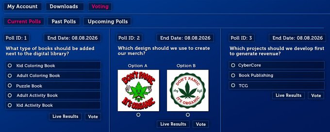 A blue voting website interface showing three active polls: Poll ID 1 about book types for a digital library, Poll ID 2 on merch design with "Don't Panic It's Organic" options, and Poll ID 3 on revenue projects like CyberCore, all ending 08.08.2026.