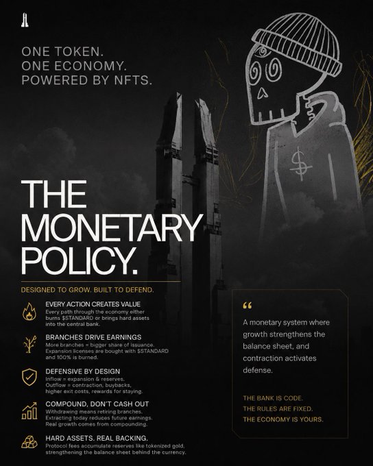 Promotional graphic titled 'THE MONETARY POLICY' with the tagline 'ONE TOKEN. ONE ECONOMY. POWERED BY NFTS.' It outlines principles like 'EVERY ACTION CREATES VALUE,' 'BRANCHES DRIVE EARNINGS,' and 'HARD ASSETS, REAL BACKING,' stating 'THE BANK IS CODE. THE RULES ARE FIXED. THE ECONOMY IS YOURS.'