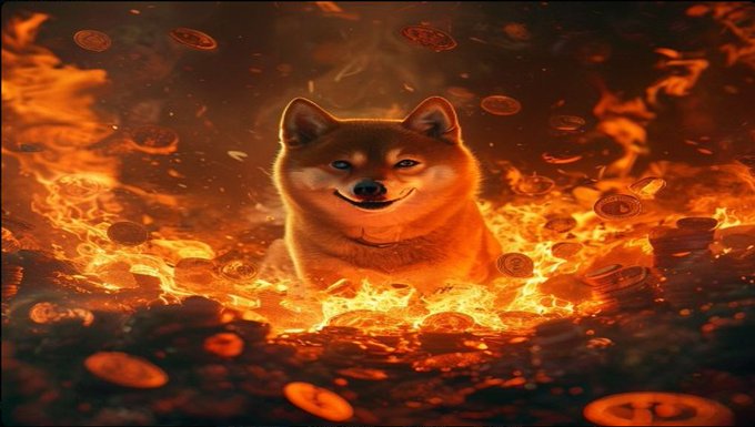 A Shiba Inu dog sits amidst a sea of fire and scattered coins. The fiery scene symbolizes the burning of 401 million SHIB tokens, with the flames representing the massive 5,223% surge in token burn rate.