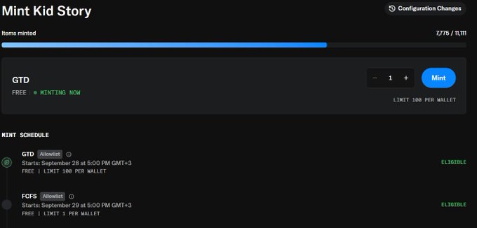 A screenshot of the "Mint Kid Story" NFT minting page shows 7,776 out of 11,111 items minted, with the GTD phase starting September 28 at 5:00 PM GMT+3 and the FCFS phase beginning September 29 at 5:00 PM GMT+3, both with limits of 1 per wallet. The image aligns with the post announcing the FCFS phase starting in 4 hours, confirming the upcoming mint schedule and per-wallet restriction.