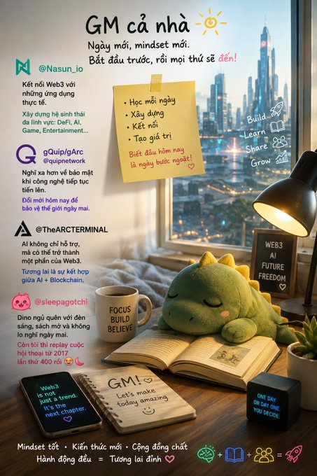 A 'Good morning' (GM cả nhà) collage featuring a green dinosaur plushie reading by a window, a sticky note with 'Build - Learn - Share - Grow', and various social media handles (@Nasun_io, @TheARCterminal, @sleepagotchi) with motivational text in Vietnamese.