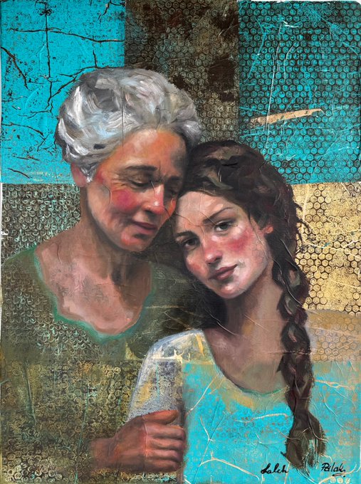A mixed-media painting of an older woman with gray hair embracing a younger woman with a long braid, rendered against a textured background of teal, gold, and green patches.