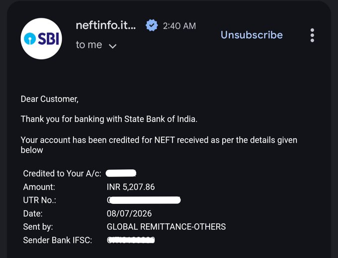 An email notification from 'neftinfo.it...' purporting to be from State Bank of India, showing an NEFT credit of INR 5,207.86 dated 08/07/2026 from 'GLOBAL REMITTANCE-OTHERS'.
