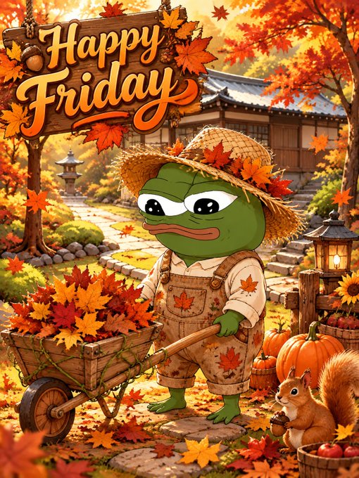A cartoon frog wearing a straw hat and overalls pushes a wheelbarrow full of autumn leaves in a Japanese garden setting, with a wooden sign reading 'Happy Friday' above and a squirrel nearby.