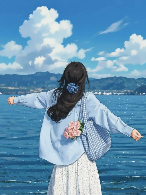 The image features a woman standing by the water with her arms outstretched, wearing a blue shirt and a white skirt. She has a bouquet of flowers attached to her back, adding a touch of color to the scene. The background shows a beautiful view of the ocean under a clear sky filled with clouds.