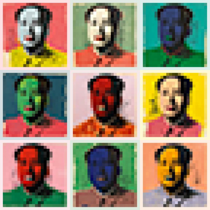 A pixelated 3x3 grid displays nine variations of a face, each rendered in a different vivid color palette including green, red, blue, and yellow.