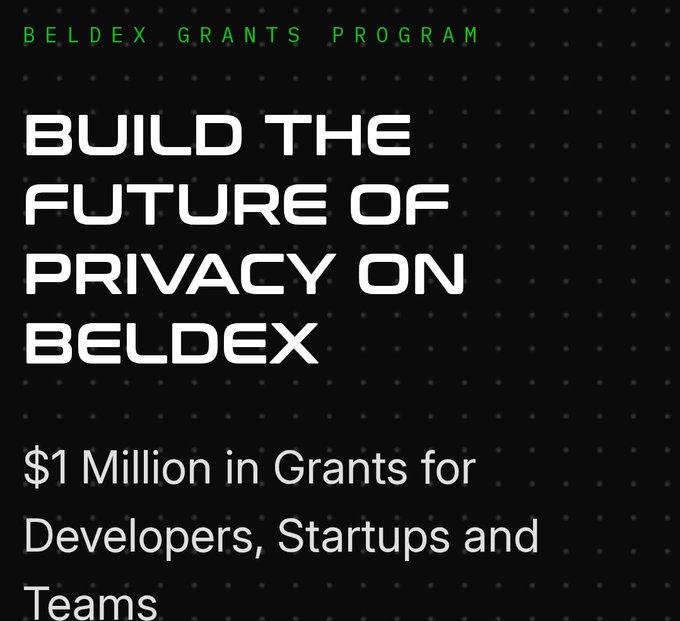 A dark graphic for the 'BELDEX GRANTS PROGRAM' advertising '$1 Million in Grants for Developers, Startups and Teams' to 'Build the Future of Privacy on Beldex'.