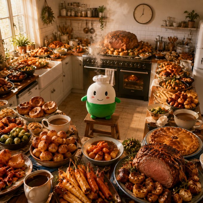 An AI-generated image of a small green chef character sitting on a stool in a warm, rustic kitchen overflowing with roasted turkey, vegetables, pies, and other feast items.