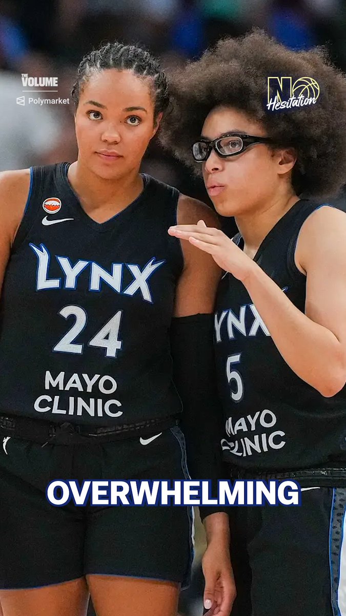 Two Minnesota Lynx basketball players, wearing jerseys numbered 24 and 5 with "Mayo Clinic" sponsorship, appear in a close-up shot with the caption "OVERWHELMING" displayed prominently, aligning with the post's mention of the team being an overwhelming favorite to win the championship.
